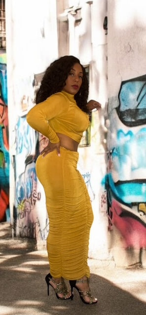 2-Piece Ruched Skirt Set (Mustard)
