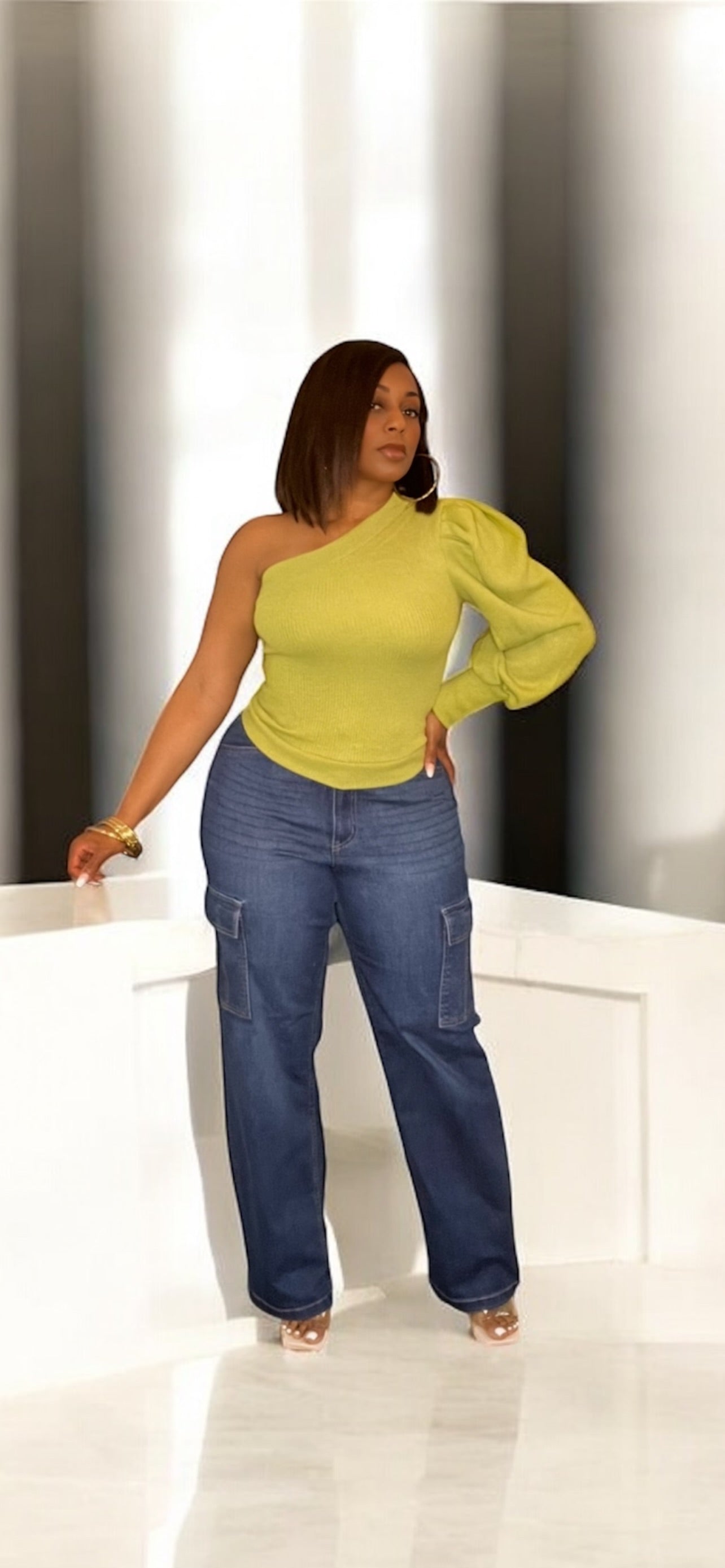 Asymmetric One Shoulder Knit Top (Light Olive)