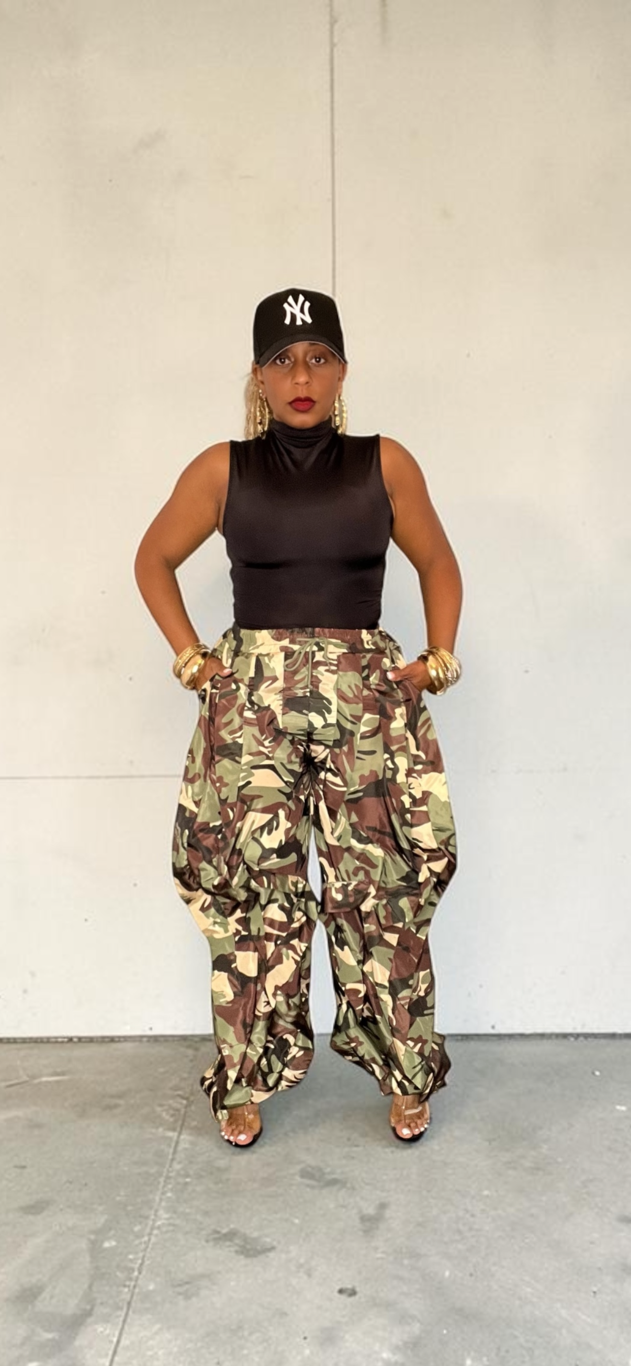 Camo Print Ruffle Parachute Pants