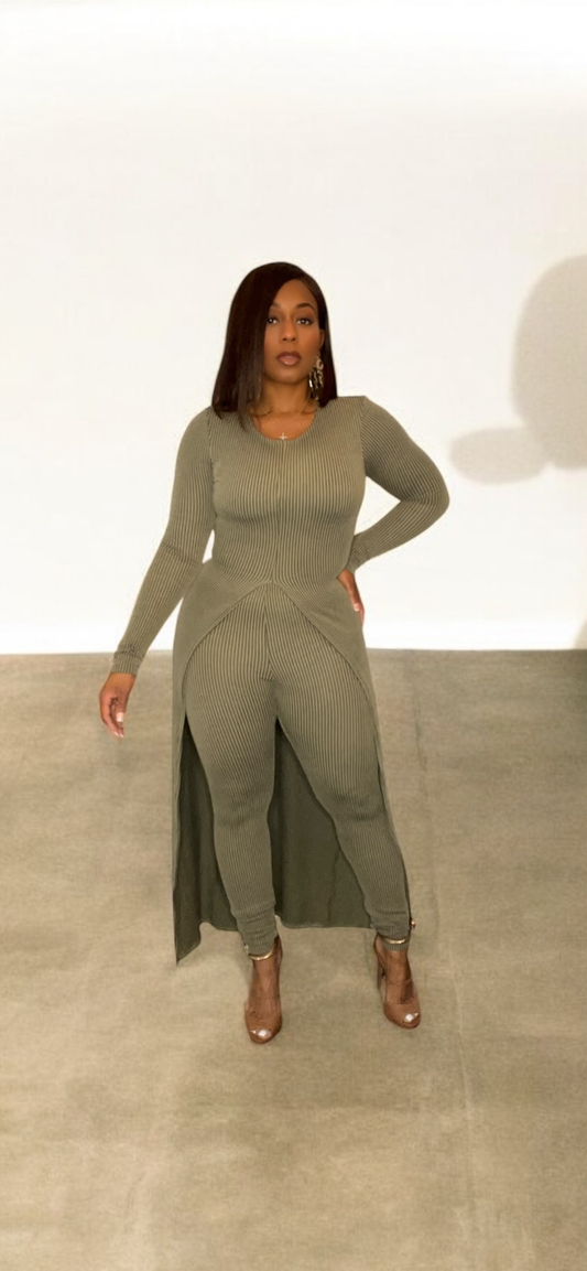 2-Piece Casual Ribbed Pant Set (Olive)