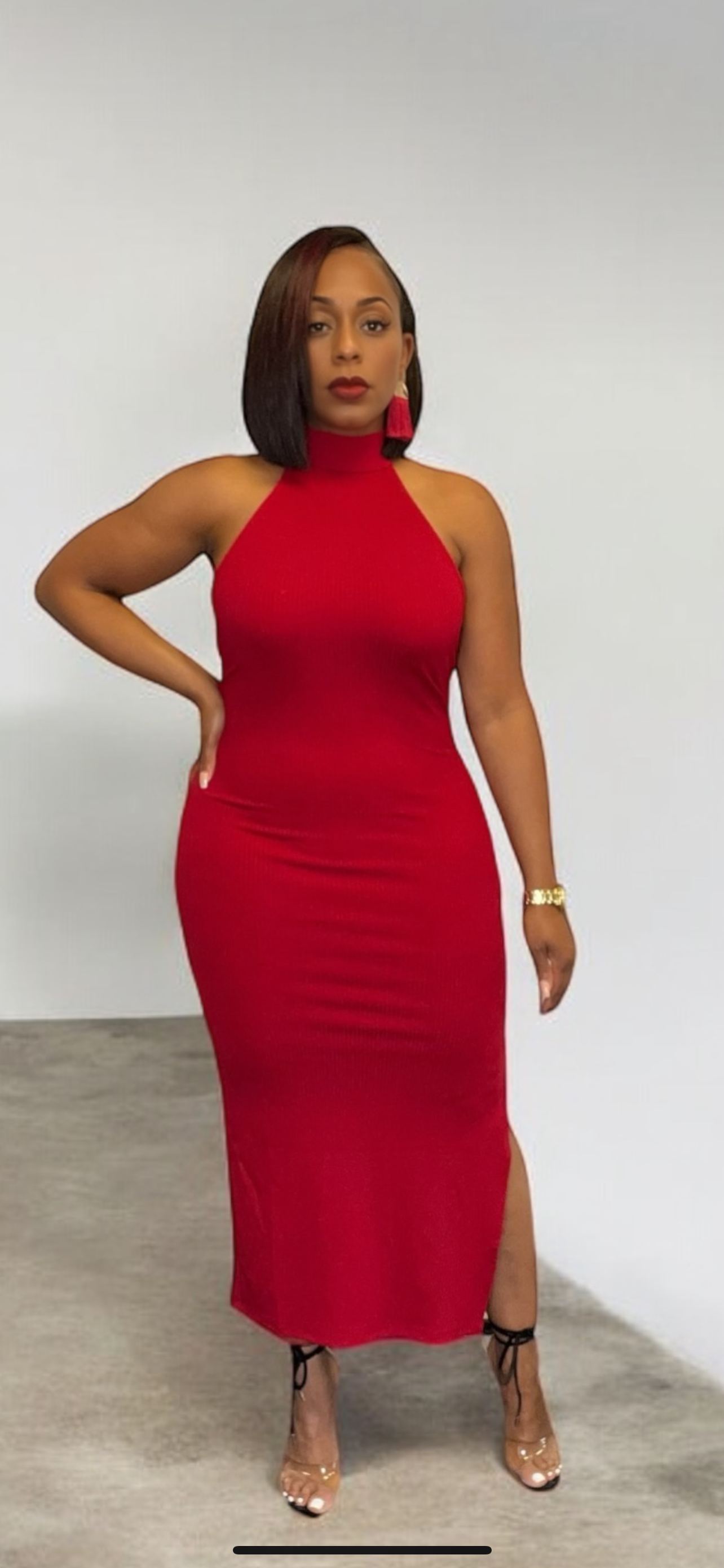 Open Back Halter Midi Dress with Split Ruby