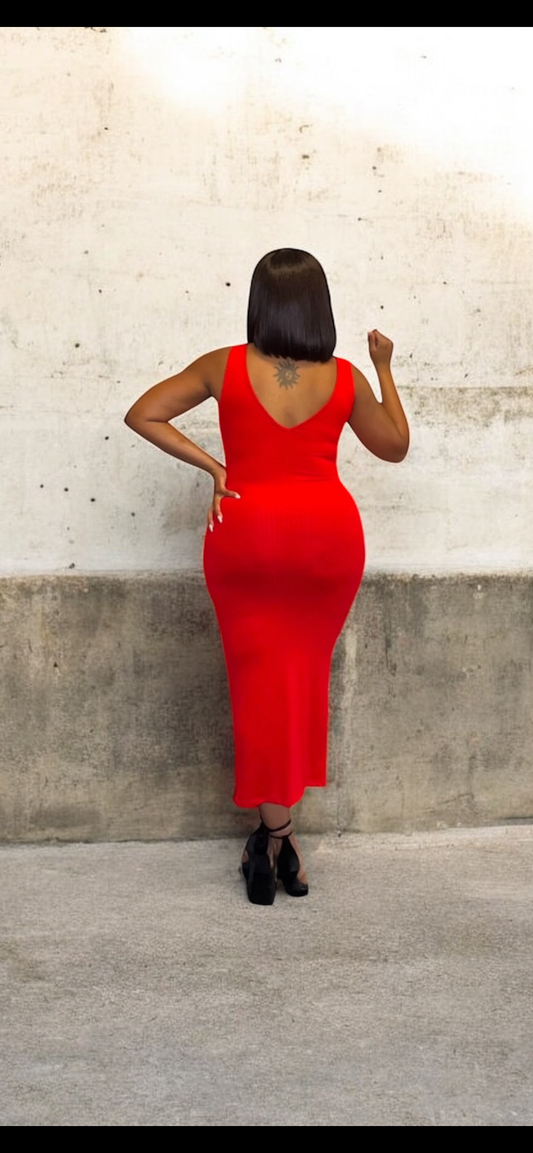 Notch Neckline Sleeveless Midi Dress (Red)