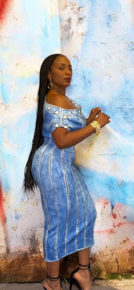 Denim Print Dolman Sleeve Midi Dress