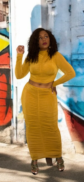 2-Piece Ruched Skirt Set (Mustard)