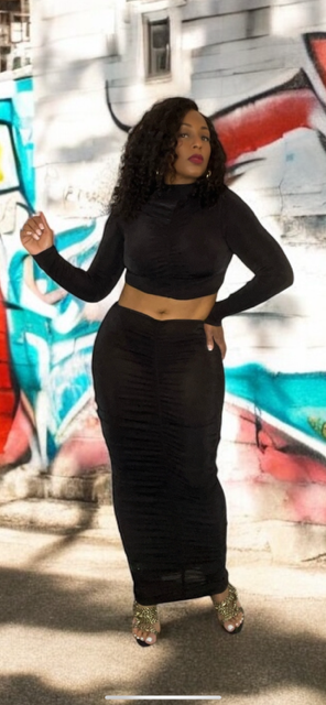 2-Piece Ruched Skirt Set (Black)