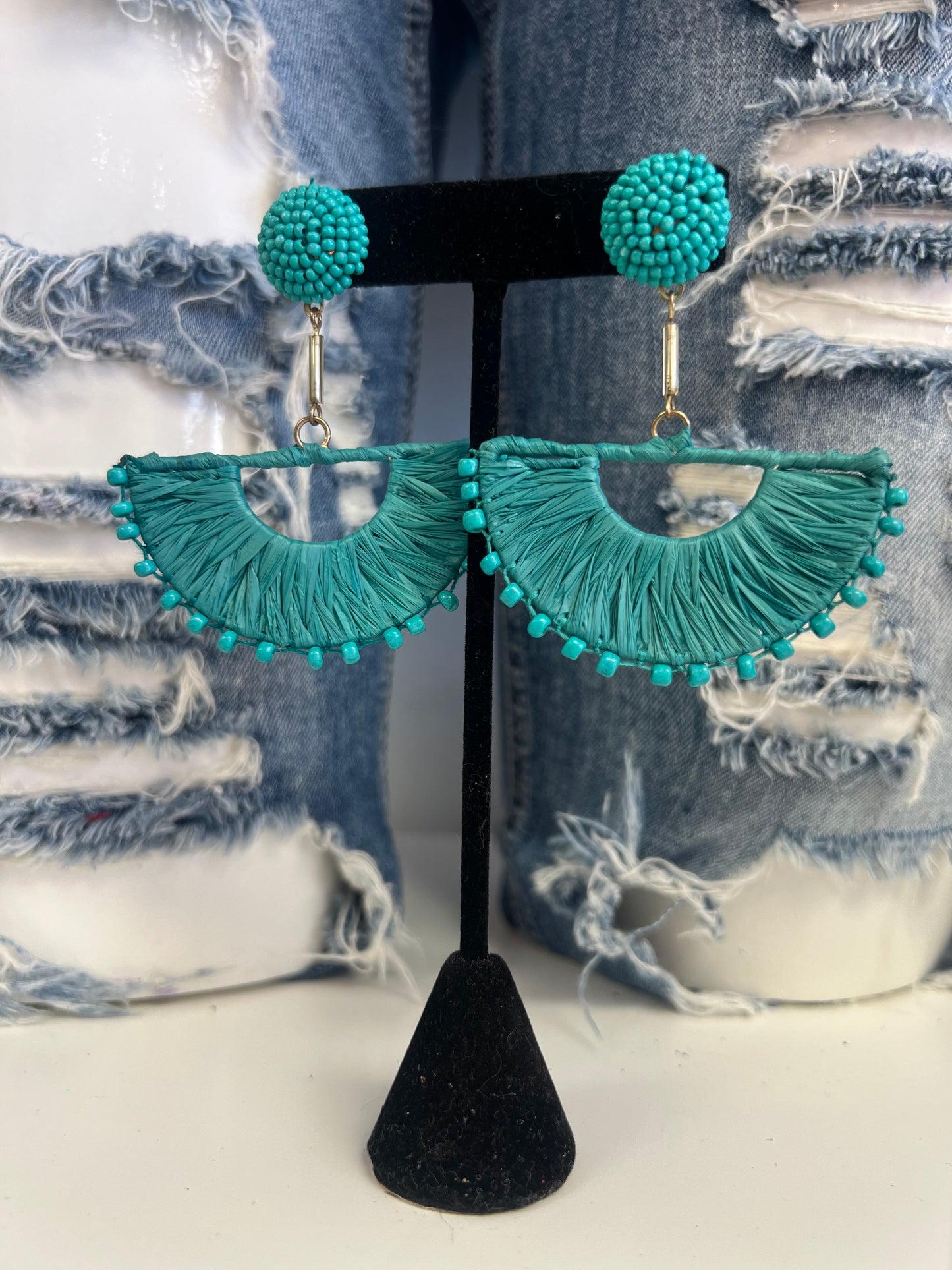 Teal Beaded Straw Earrings | Funky Flair Boutique LLC