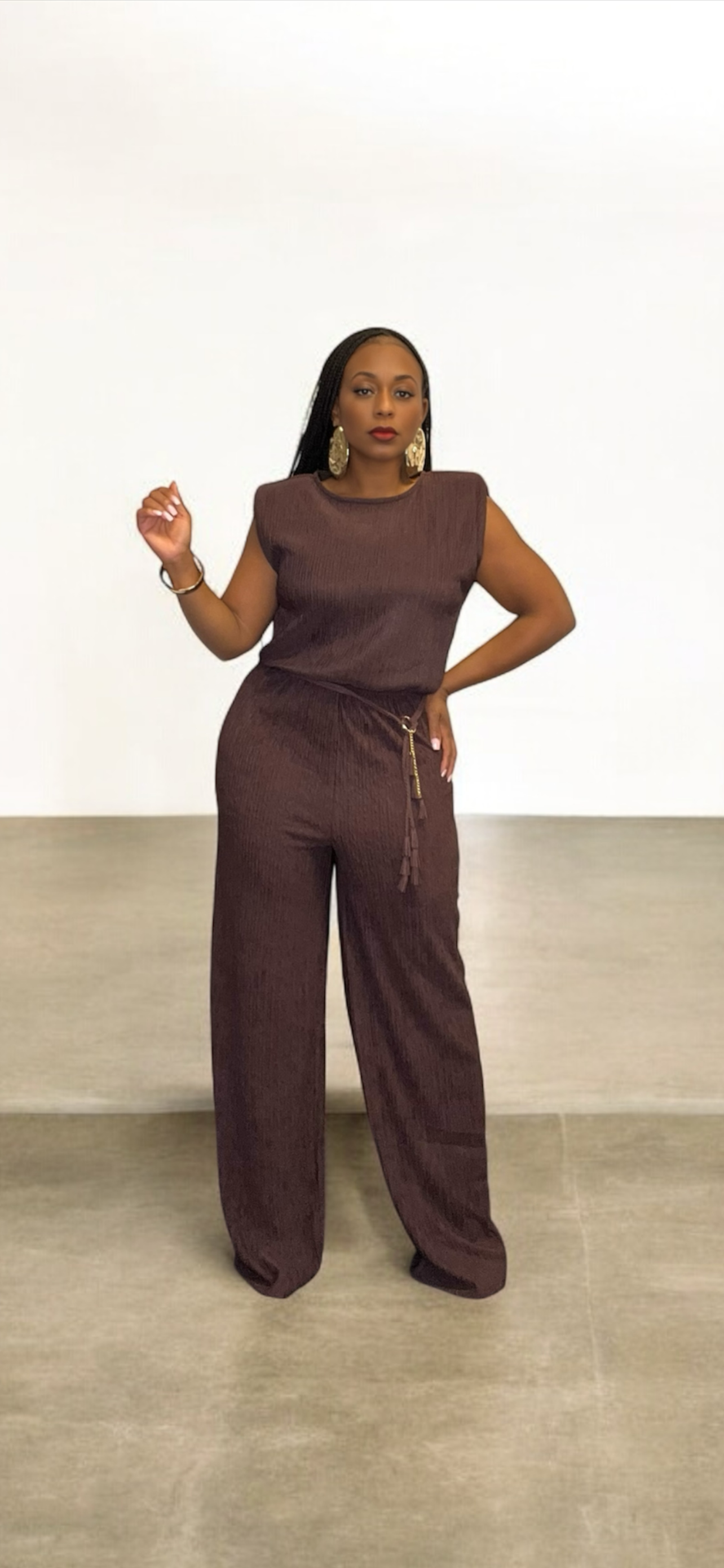 Wide Leg Belted Jumpsuit (Espresso)