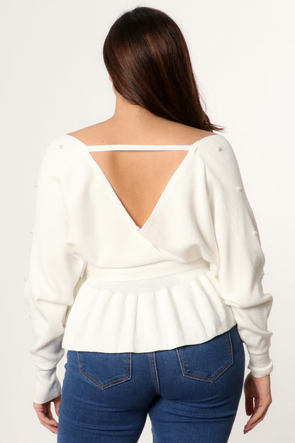 Knit Wrap Sweater with Pearls (White)