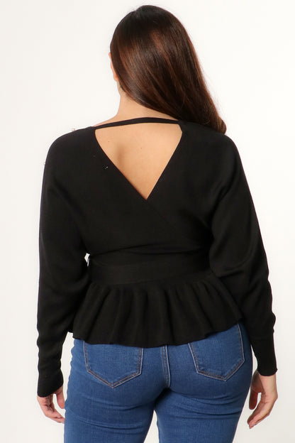 Knit Wrap Sweater with Pearls (Black)