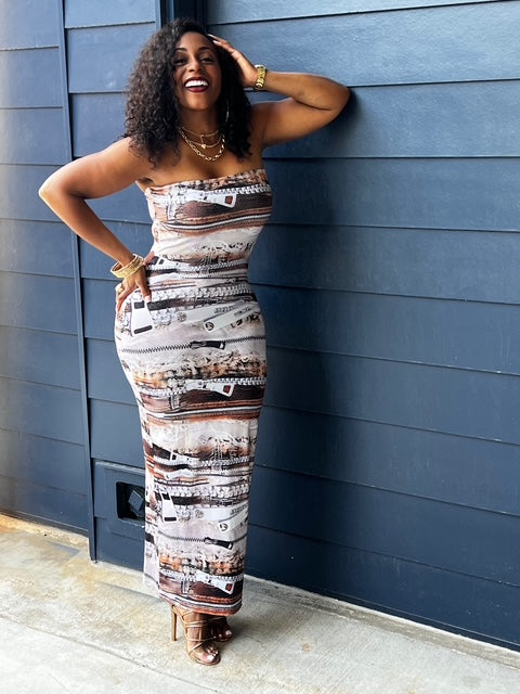 Zipper Print Tube Maxi Dress