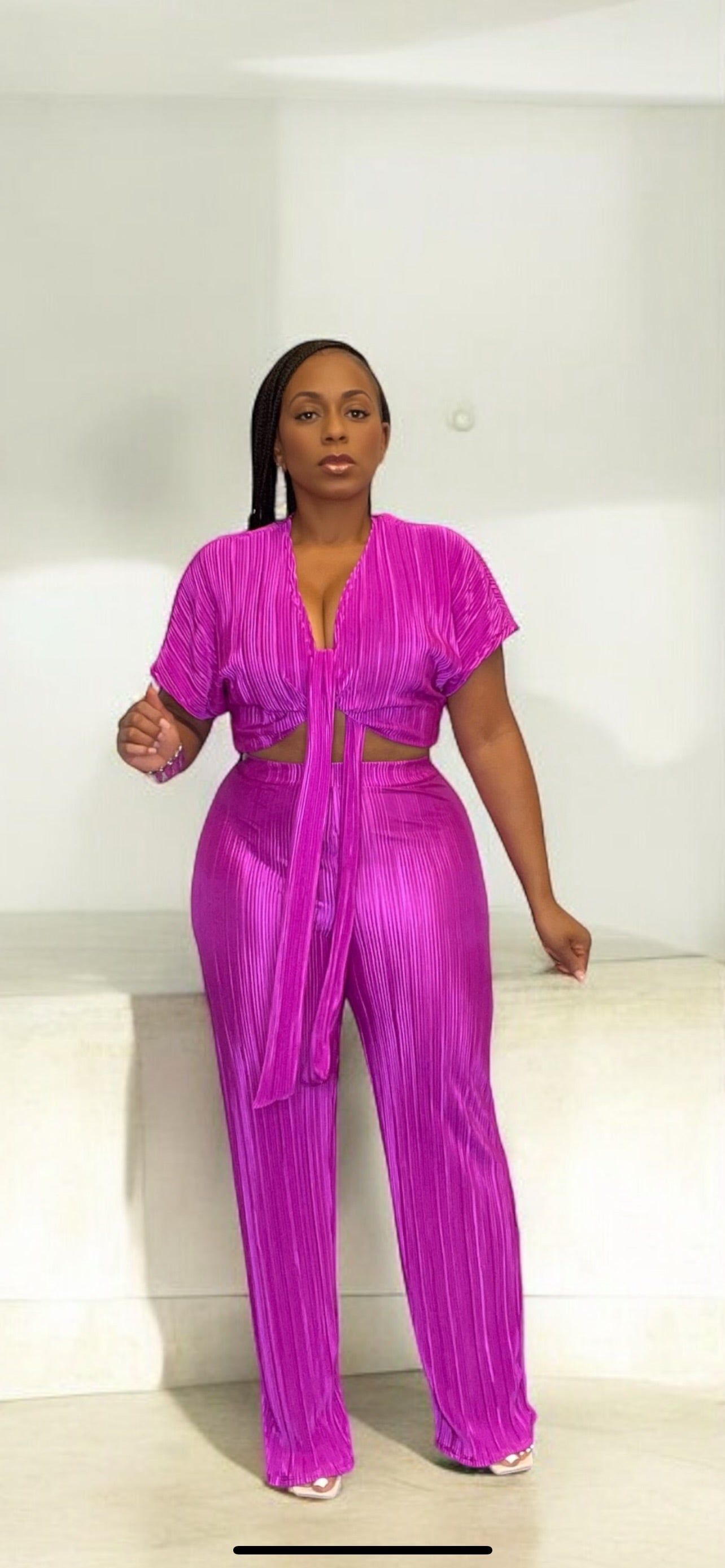 2-piece Pleated Pant Set (Magenta)