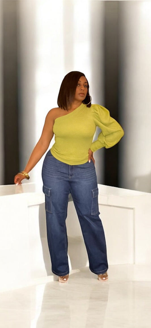 Asymmetric One Shoulder Knit Top (Light Olive)