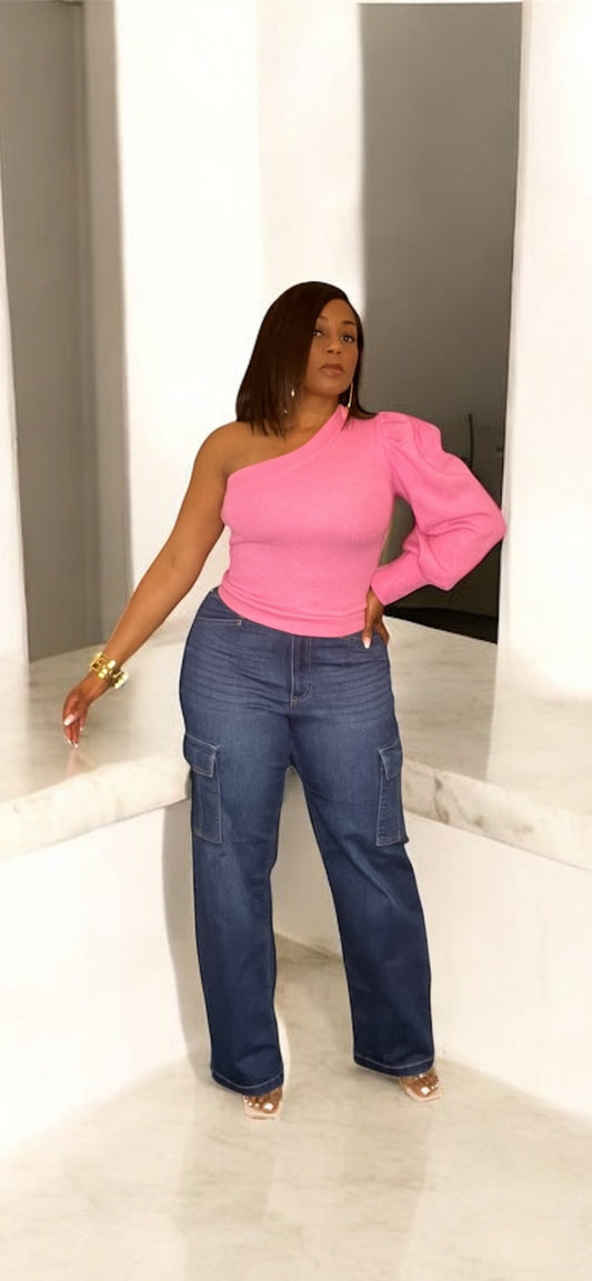 Asymmetric One Shoulder Knit Top (Pink)