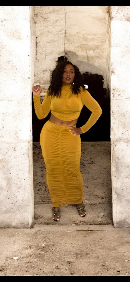 2-Piece Ruched Skirt Set (Mustard)