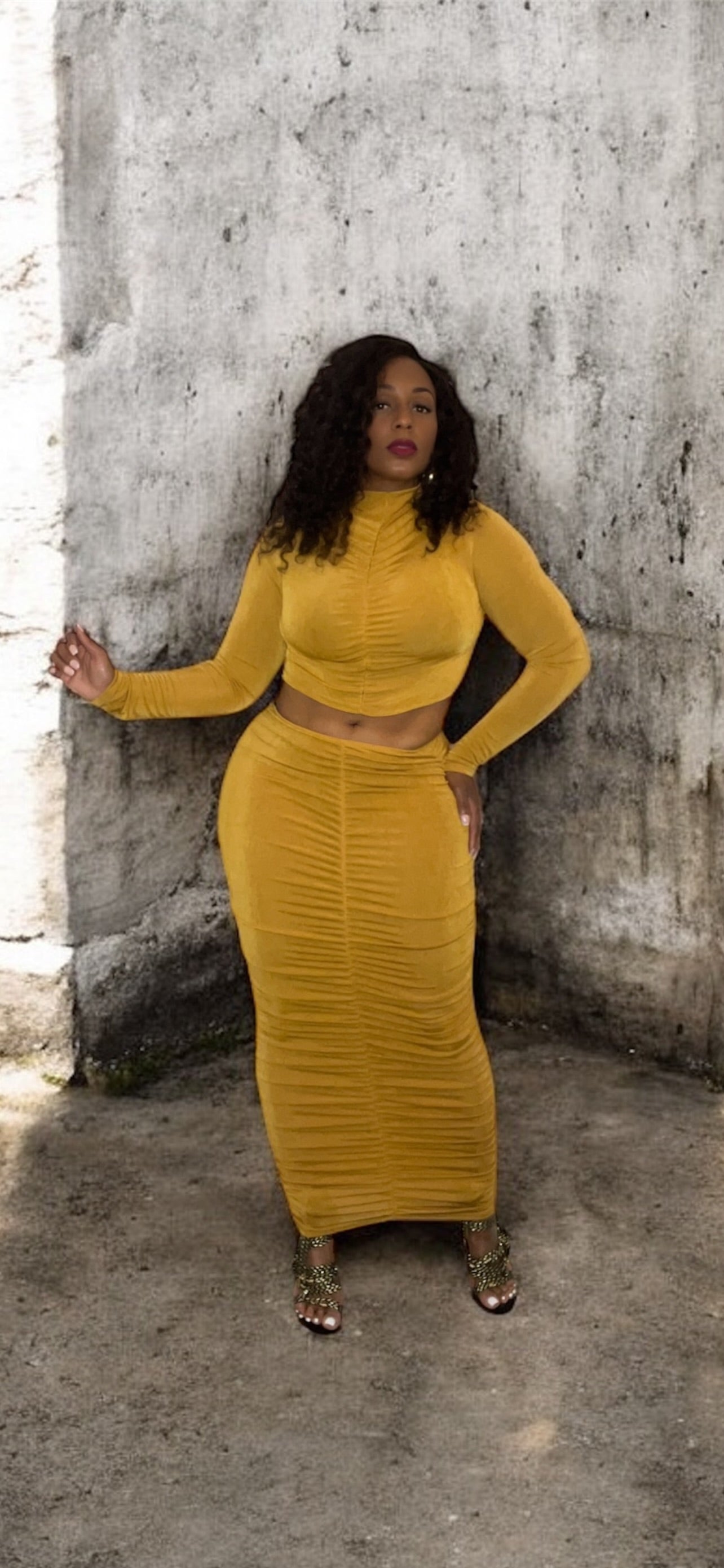 2-Piece Ruched Skirt Set (Mustard)