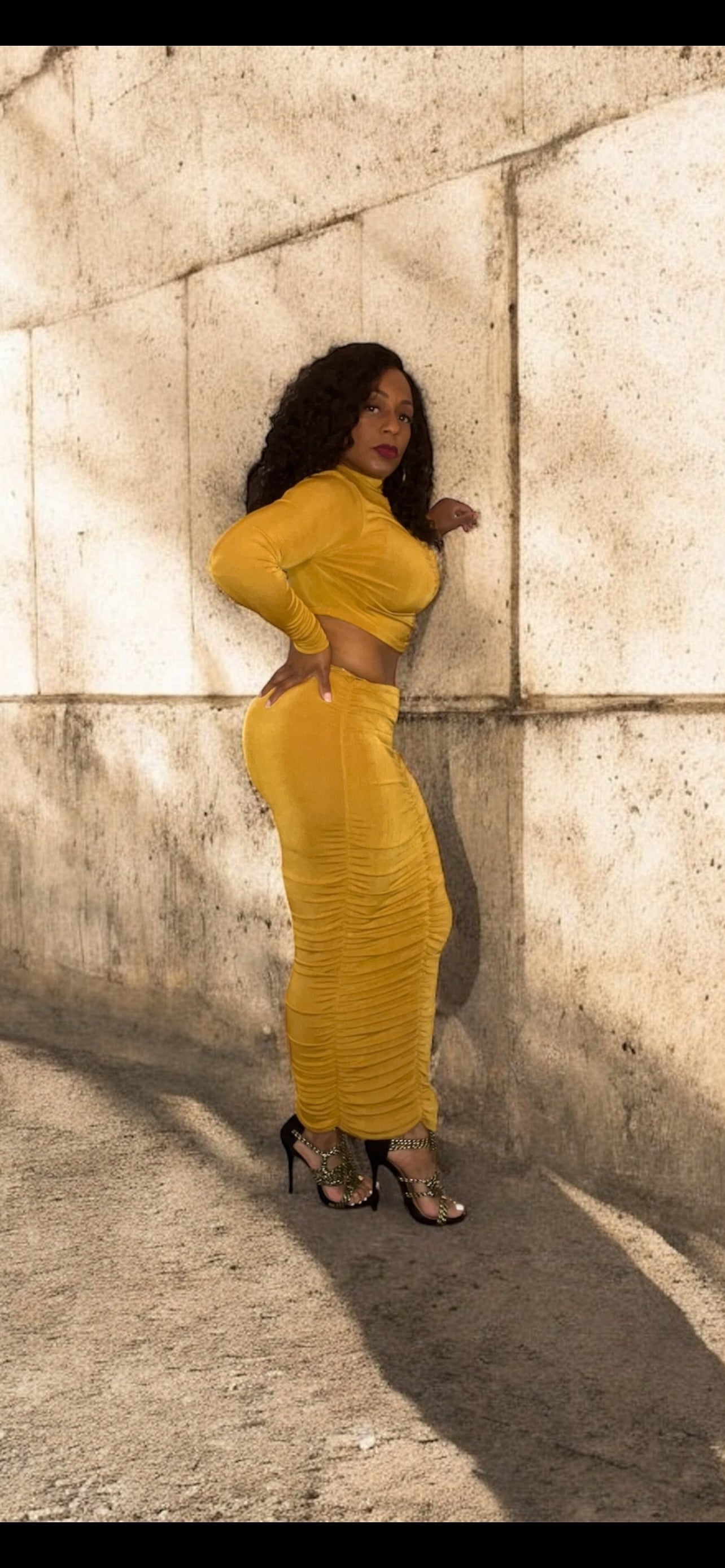 2-Piece Ruched Skirt Set (Mustard)