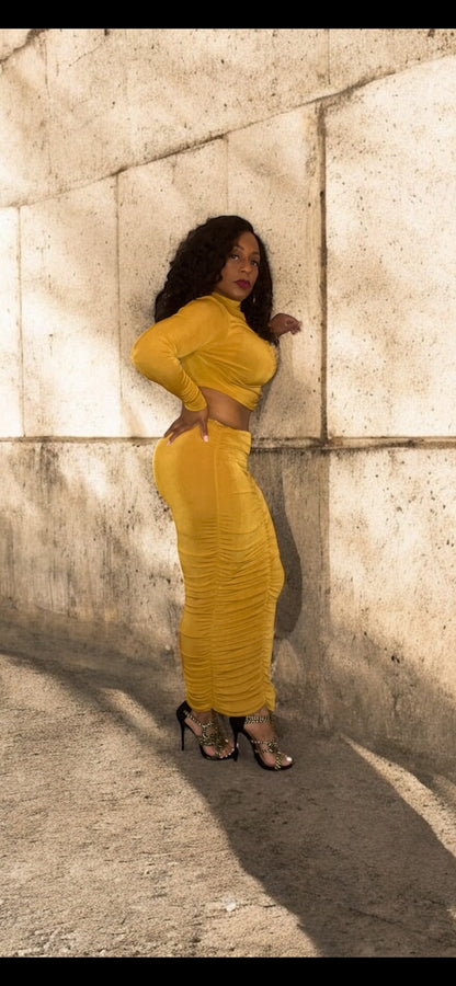 2-Piece Ruched Skirt Set (Mustard)
