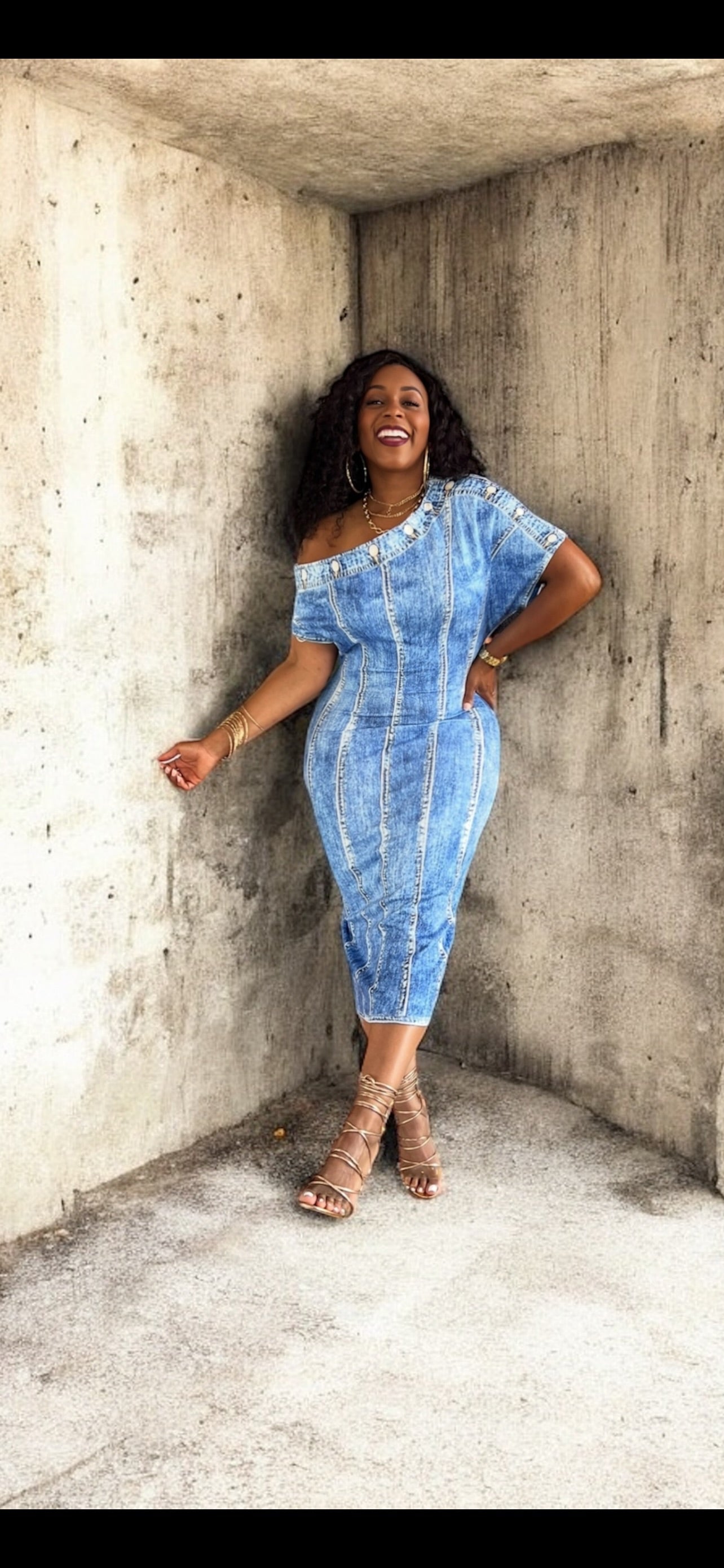 Denim Print Dolman Sleeve Midi Dress