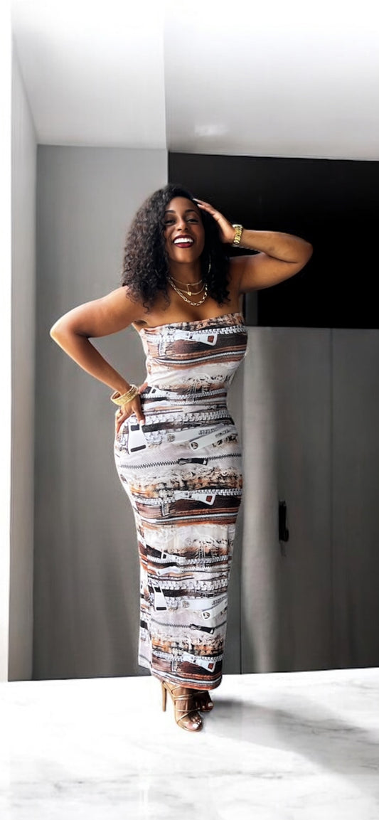 Zipper Print Tube Maxi Dress