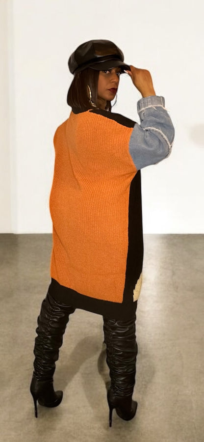 Colorblock Knit Sweater Dress with Denim Sleeve (Black/Orange)