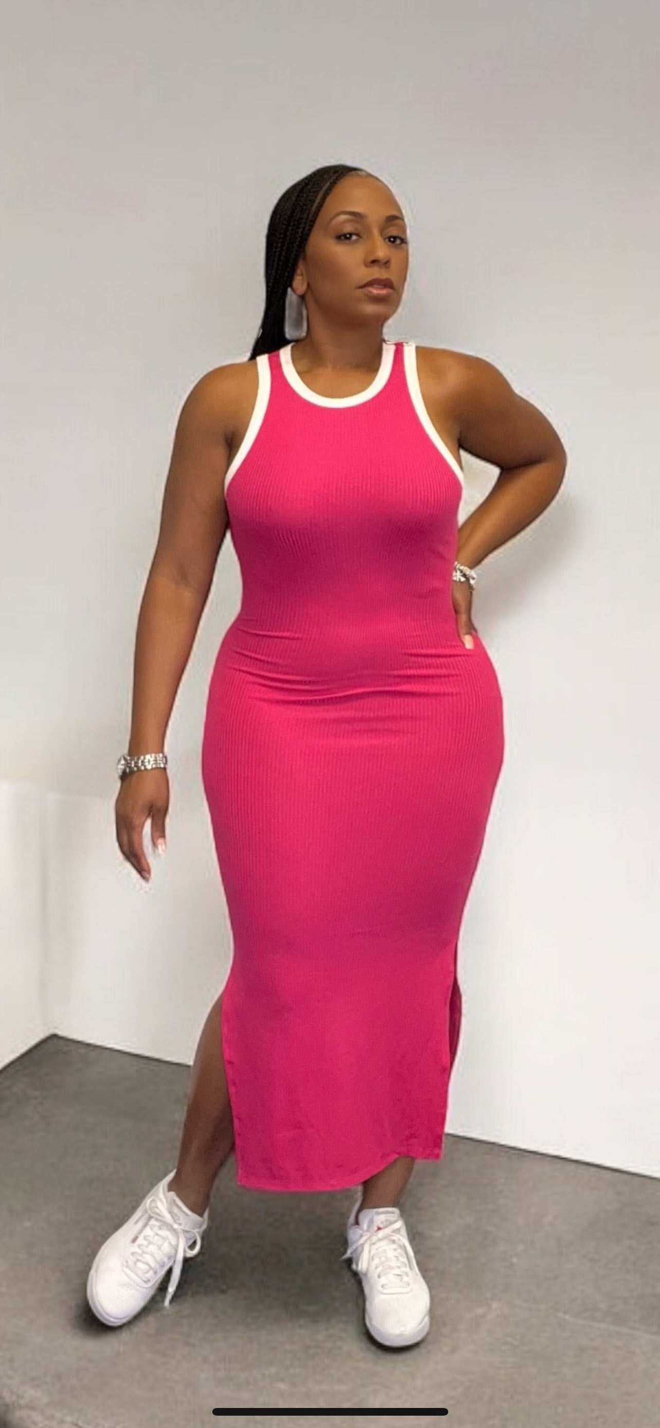 Casual & Cute Midi Dress (Fuschia/White)