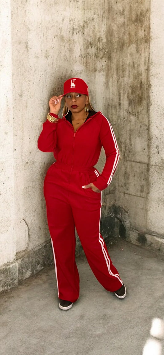 Varsity Striped Jumpsuit (Red w/White Stripes)