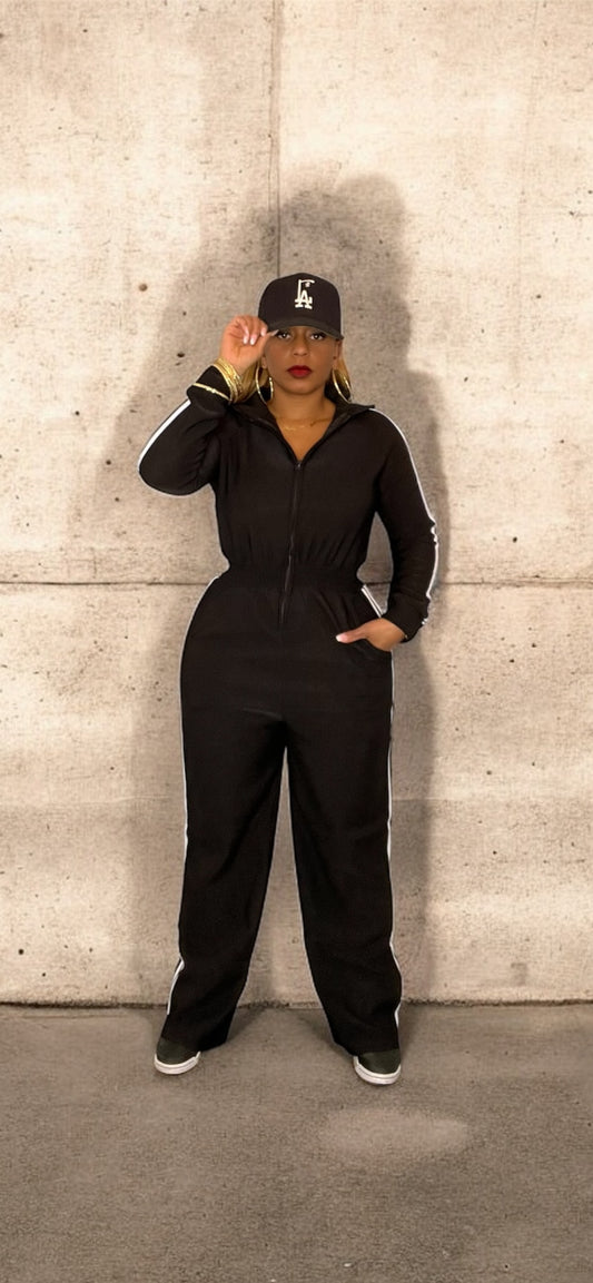 Varsity Striped Jumpsuit (Black w/White Stripes)
