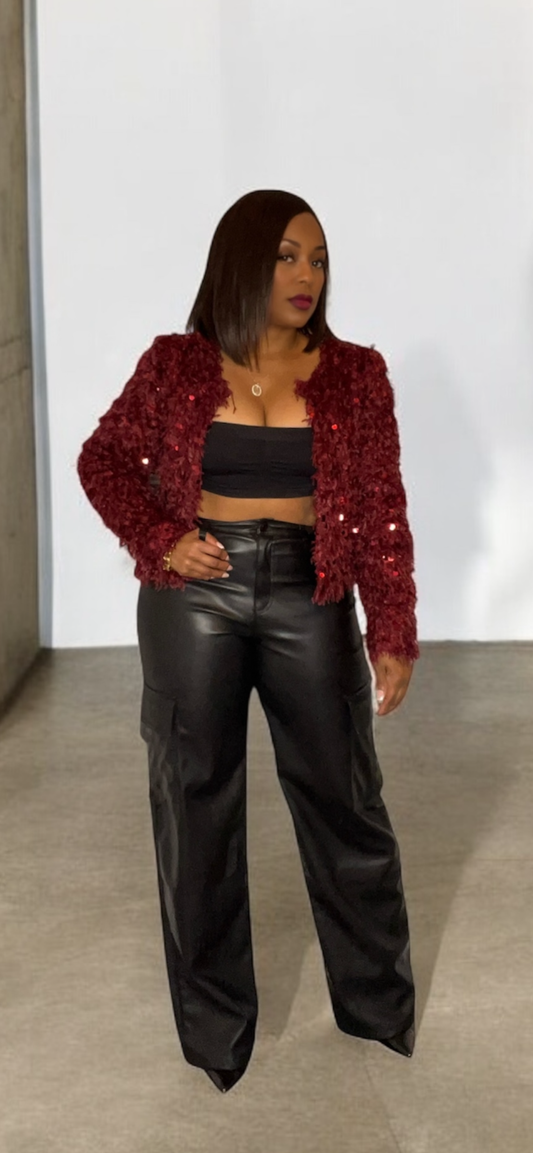 Sequin Feather Jacket (Burgundy)