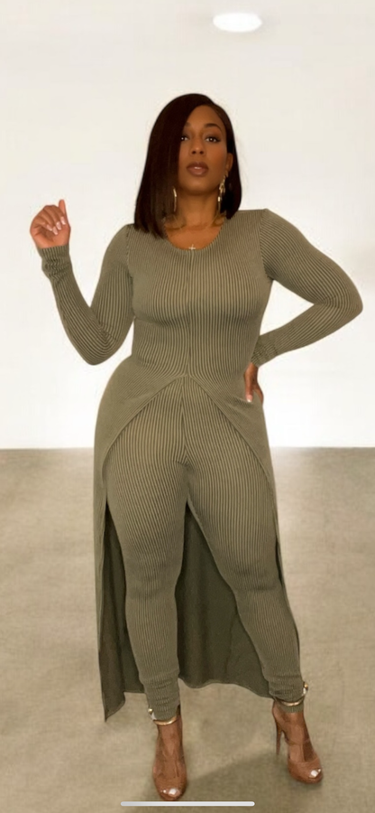 2-Piece Casual Ribbed Pant Set (Olive)