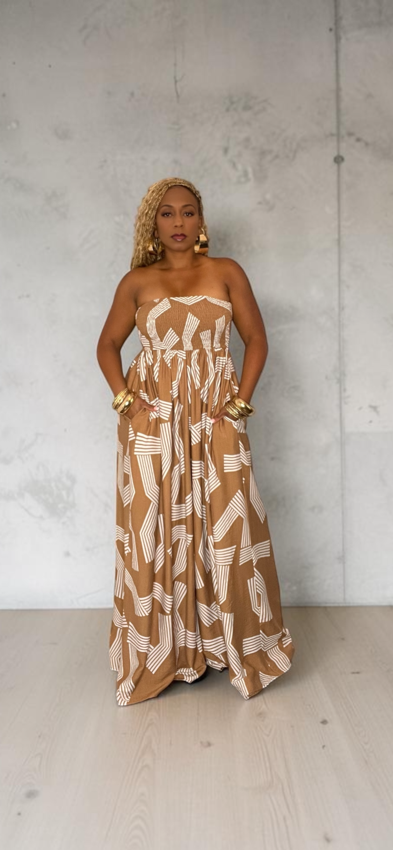 Geometric Print Tube Jumpsuit (Mocha/White)