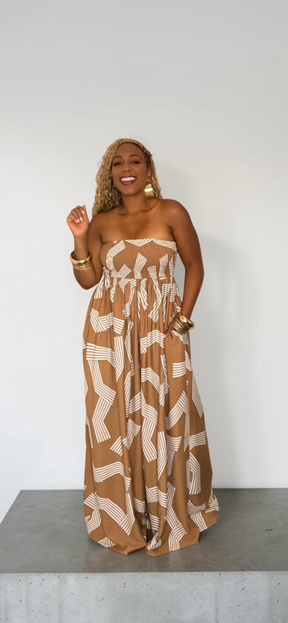 Geometric Print Tube Jumpsuit (Mocha/White)