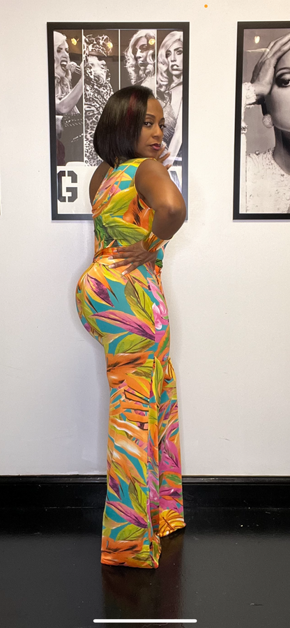 Tropical Print One Shoulder Jumpsuit (Multicolor)