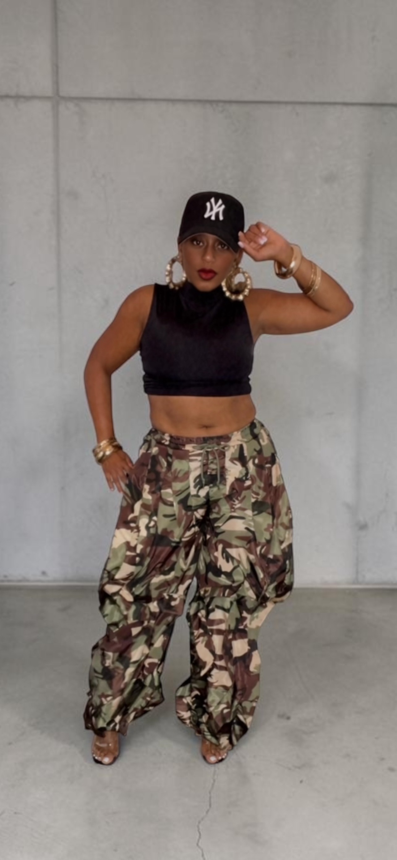 Camo Print Ruffle Parachute Pants
