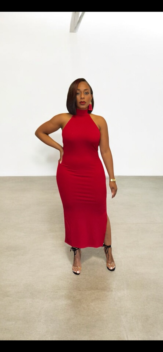 Open-Back Halter Midi Dress with Split (Ruby)