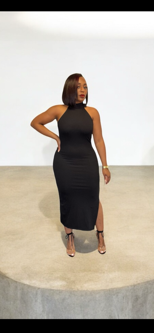 Open-Back Halter Midi Dress with Split (Black)