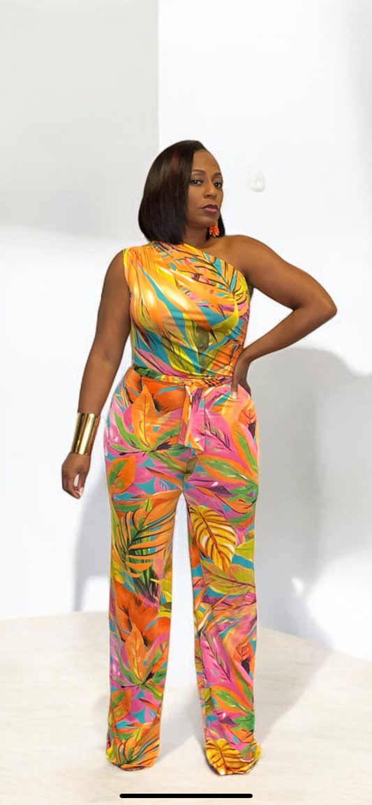 Tropical Print One Shoulder Jumpsuit (Multicolor)