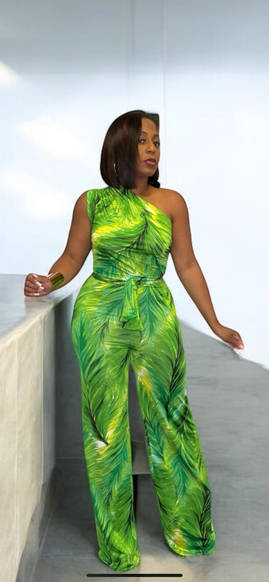 Tropical Print One Shoulder Jumpsuit (Green)