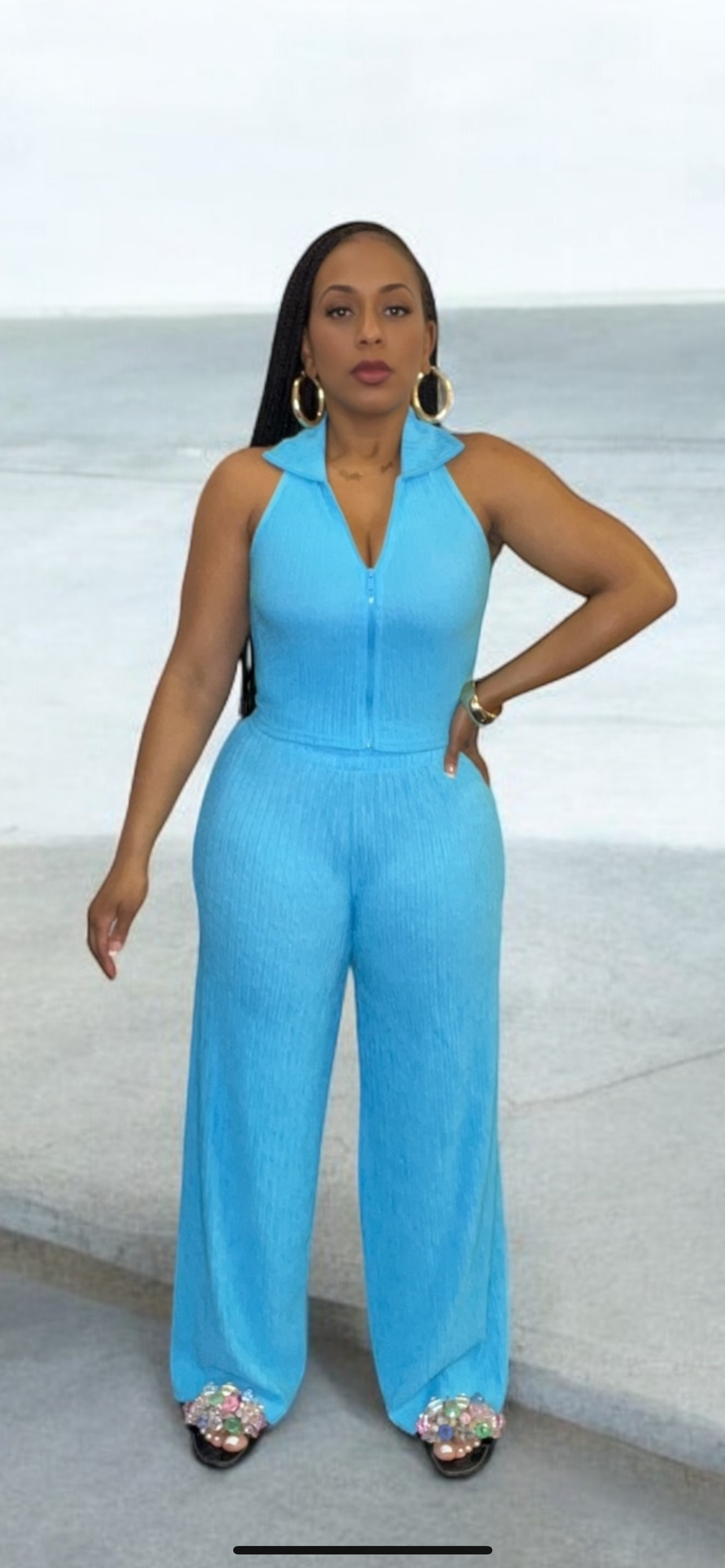 2-piece Textured Zip Up Lounge Set (Blue Jewel)