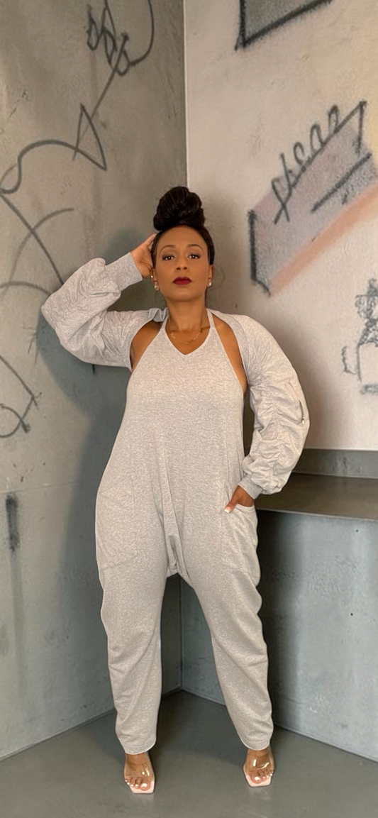 Harem Jumpsuit  with Bolero Top Set (Gray)