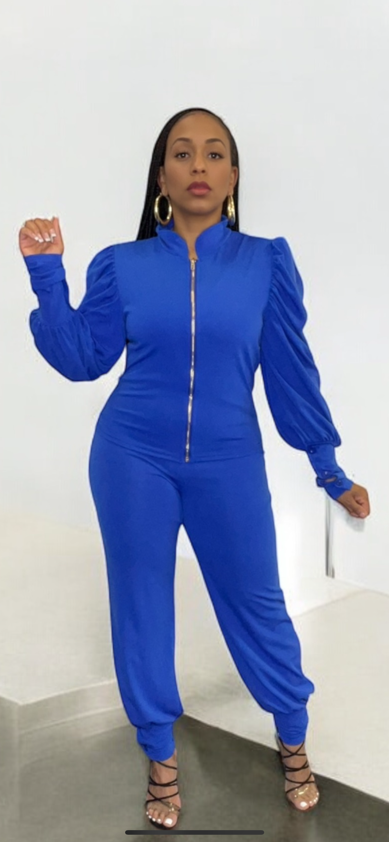 2 Piece Ruffle Sleeve Jacket & Pant Set (Royal)