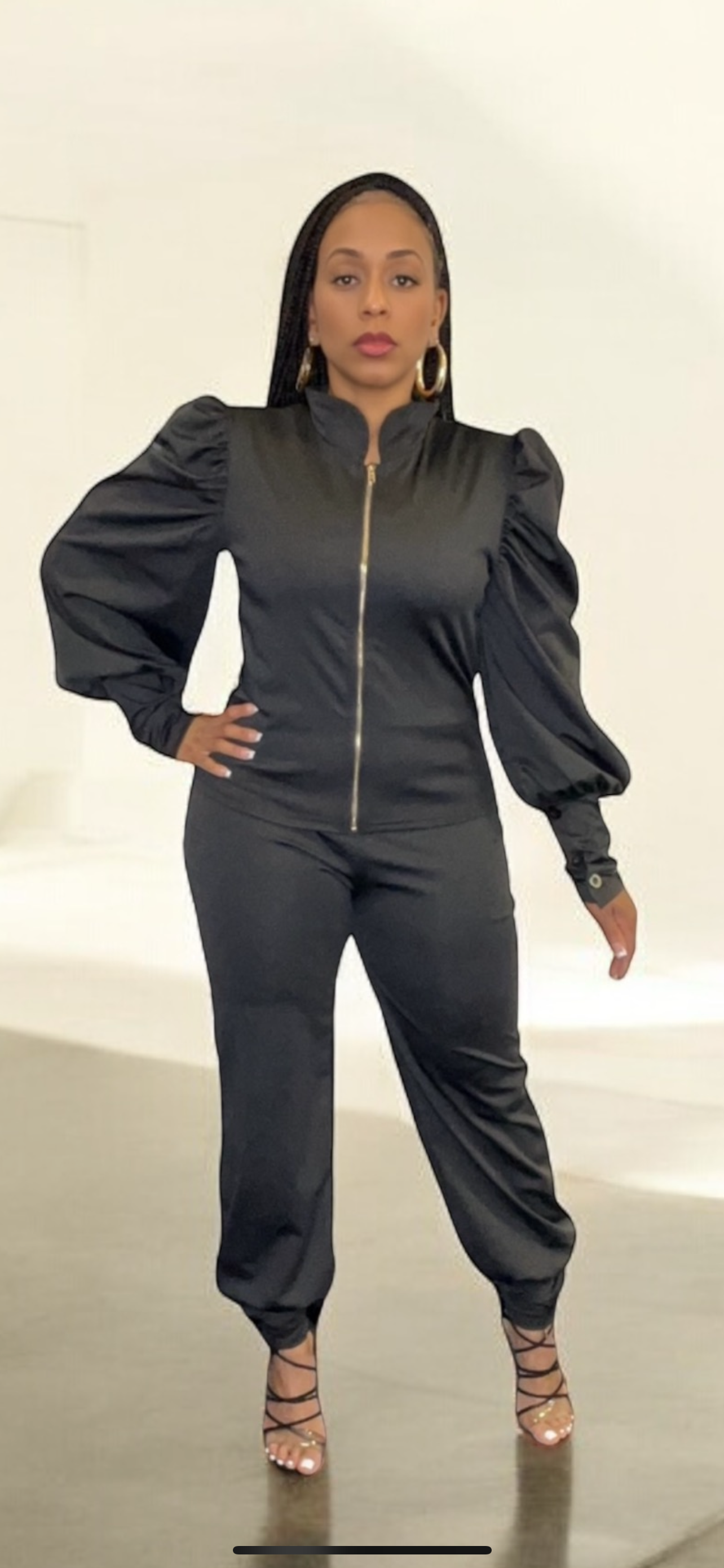 2 Piece Ruffle Sleeve Jacket & Pant Set (Black)