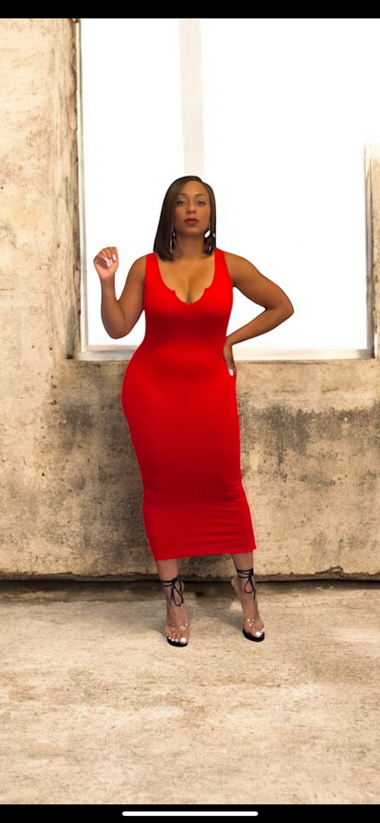 Notch Neckline Sleeveless Midi Dress (Red)