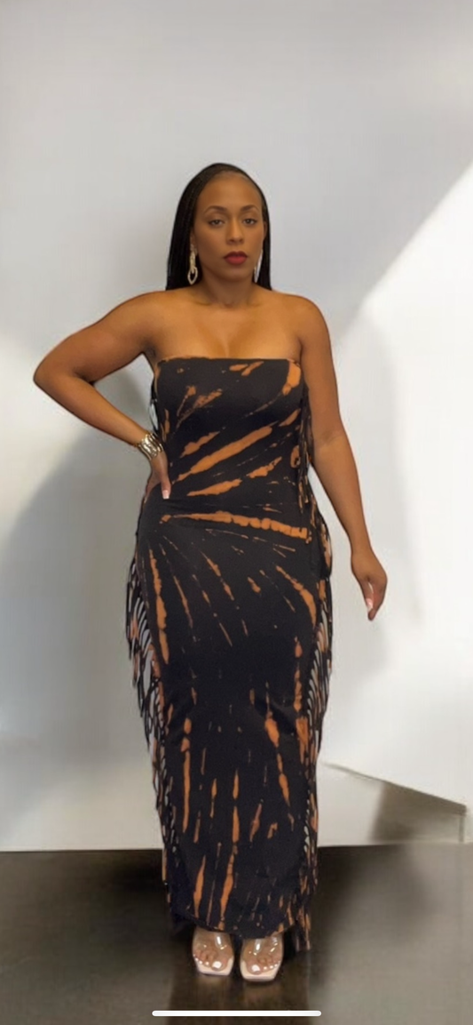 Tie-Dye Strapless Fringed Maxi Dress (Black/Rust)