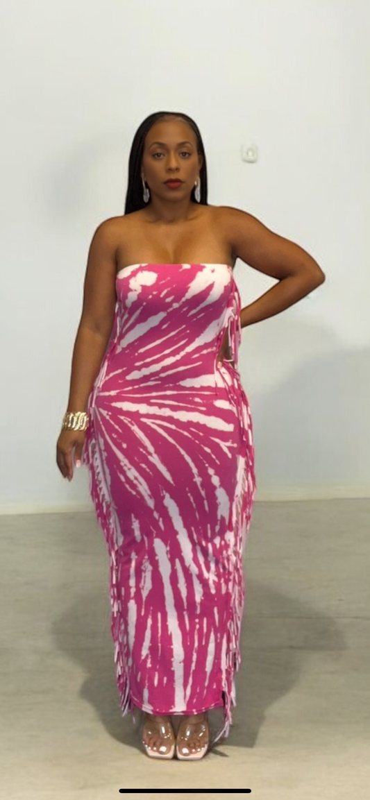 Tie-Dye Strapless Fringed Maxi Dress (Fuchsia/White)