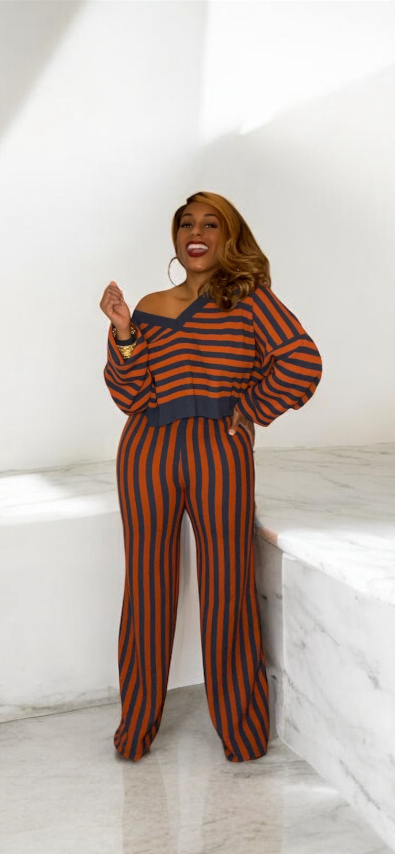 V-Neck Stripe 2-piece Set (Navy/Rust)