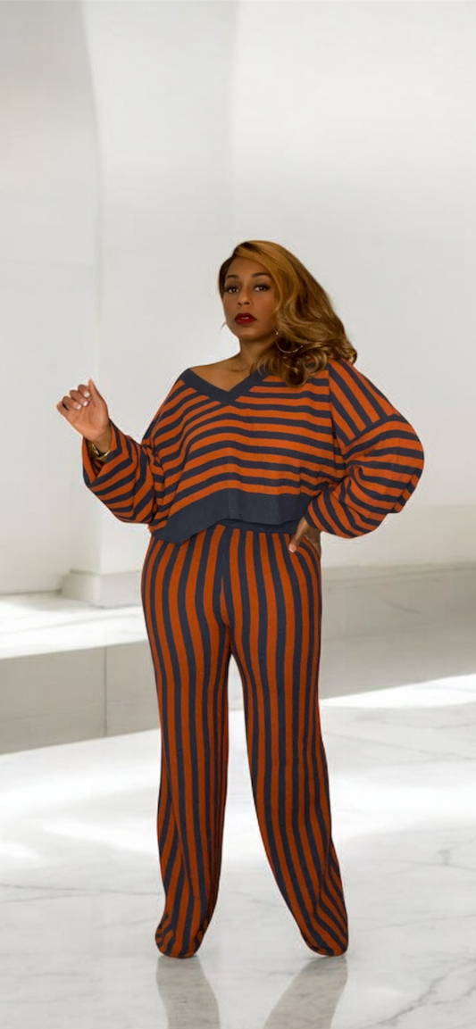V-Neck Stripe 2-piece Set (Navy/Rust)