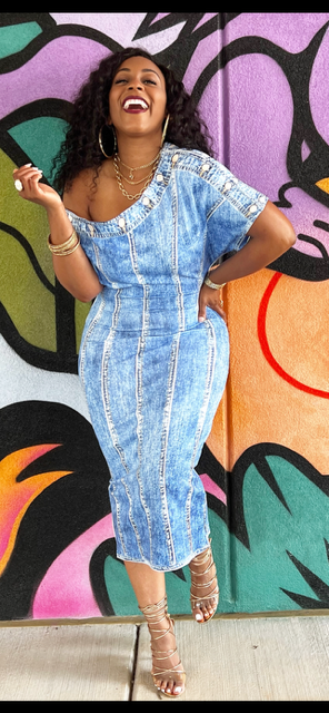 Denim Print Dolman Sleeve Midi Dress