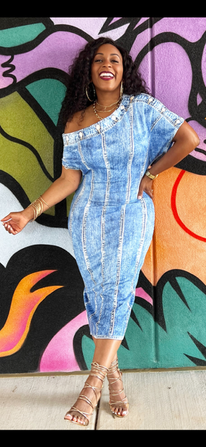 Denim Print Dolman Sleeve Midi Dress