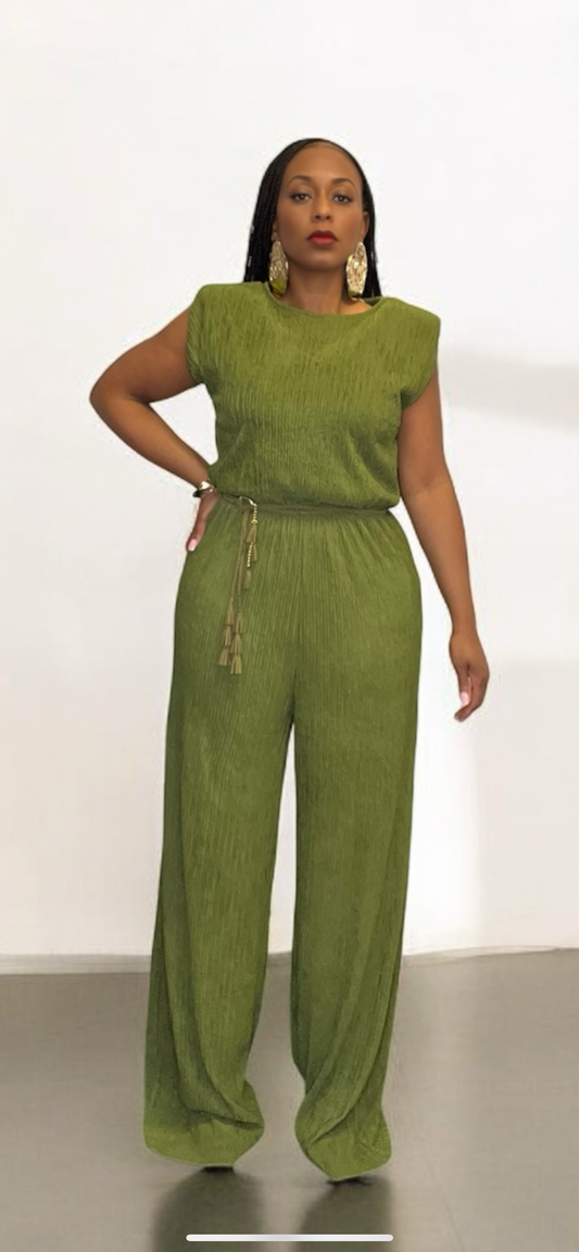 Wide Leg Belted Jumpsuit (Cactus)