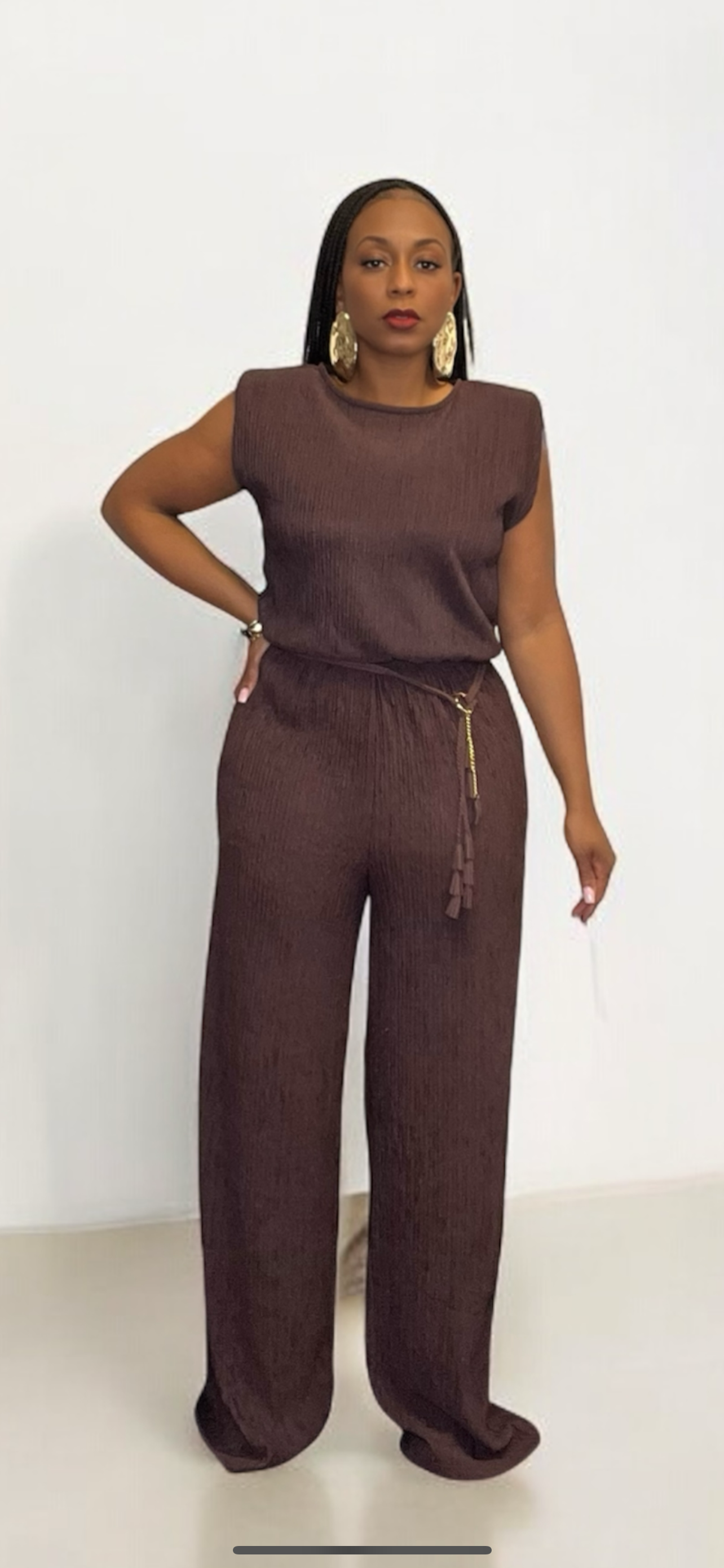 Wide Leg Belted Jumpsuit (Espresso)